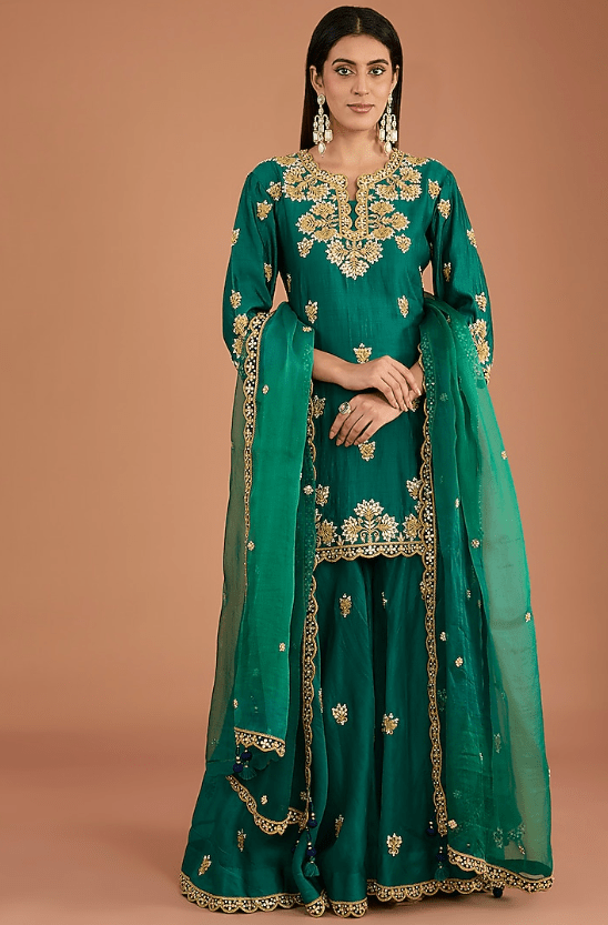 Emerald Green Kora Silk Sharara Set