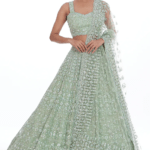 Aqua Green Organza Machine & Hand Embroidered Lehenga Set