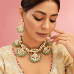 Yellow Gold Finish Moissanite Polki & Emerald Necklace Set In Sterling Silver