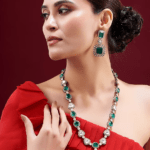 Black Rhodium Finish Kundan Polki & Green Stone Long Necklace Set