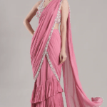 Pink Georgette Embroidered Pre-Draped Saree Set