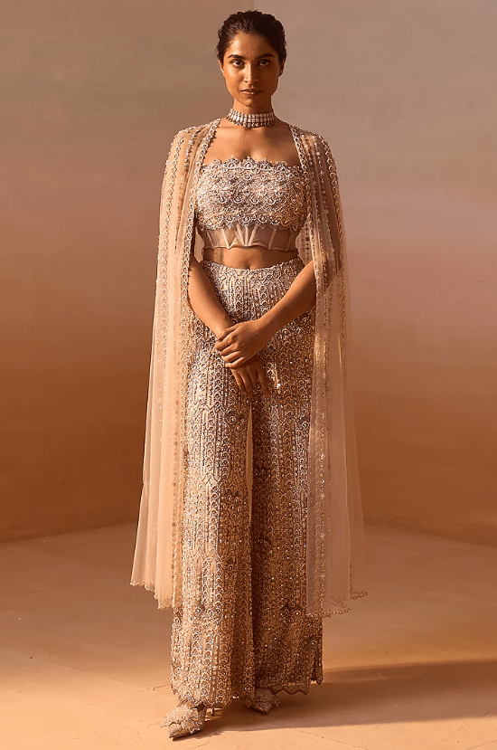 Peach Nude Net Crystal & bead Embellished Co-Ord Set