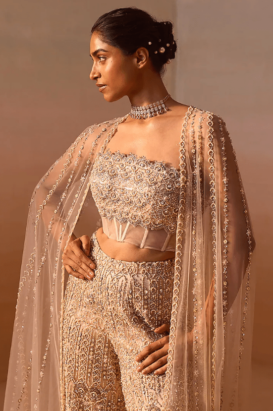 Peach Nude Net Crystal & bead Embellished Co-Ord Set - Image 4