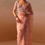 Rose Pink Net Sequins Embroidered Saree Set