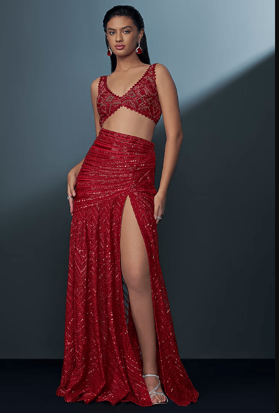 Red Double Georgette Crystal Embroidered Slit Skirt Set
