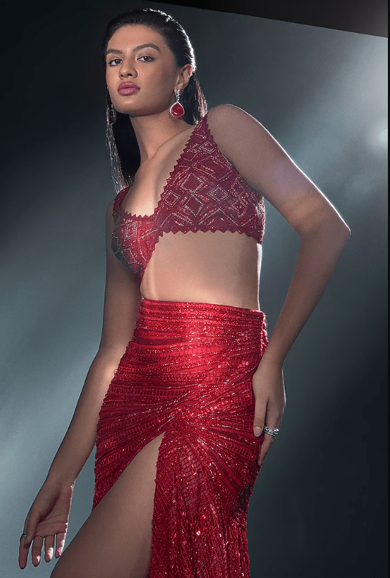 Red Double Georgette Crystal Embroidered Slit Skirt Set - Image 3