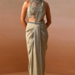 Sage Green Satin Pre-Draped Saree Set
