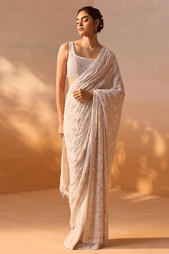 Ivory Georgette Sequins & Beadwork Saree Set