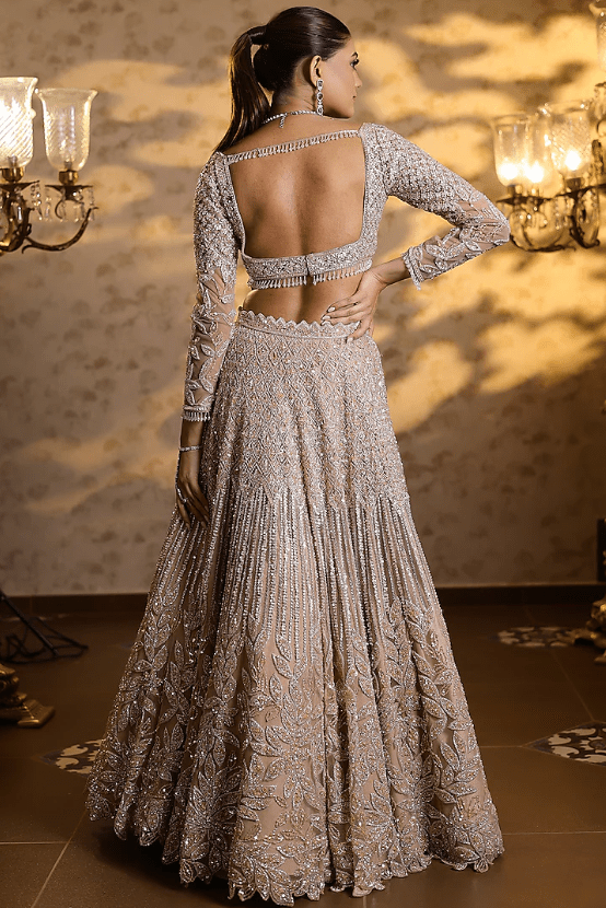 Gold Net Crystal Hand Embroidered Lehenga Set - Image 2