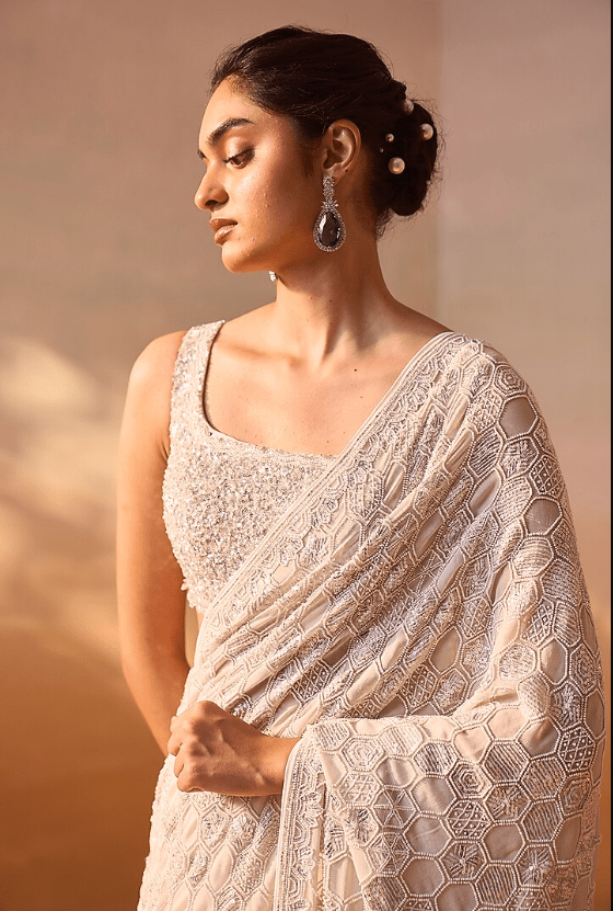 Ivory Georgette Sequins & Beadwork Saree Set - Image 3