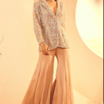 Taupe Net Sequins Hand Embroidered Jacket Set