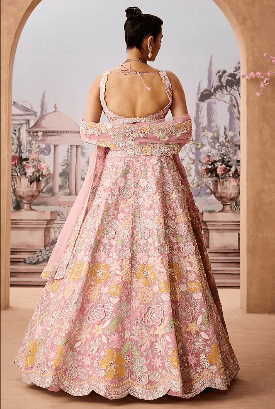 Old Rose Pink Silk Organza Thread Embroidered Lehenga Set - Image 2