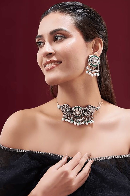 Gold Plated Moissanite Polki & Emerald Stone Handcrafted Choker Necklace Set In Sterling Silver