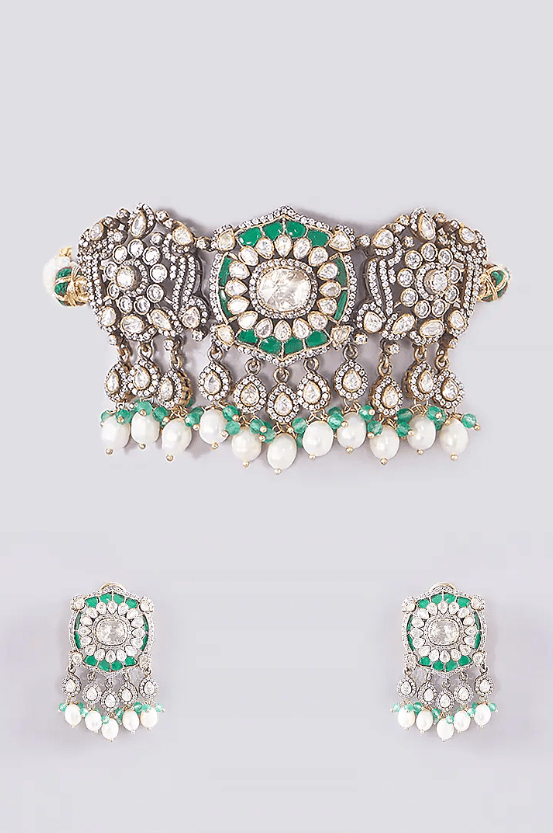Gold Plated Moissanite Polki & Emerald Stone Handcrafted Choker Necklace Set In Sterling Silver - Image 2