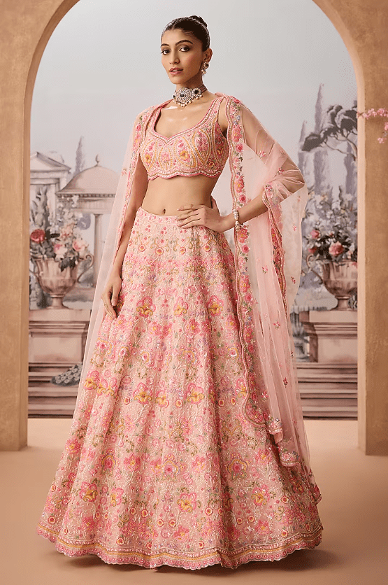 Pink Silk Organza Sequins Hand Embroidered Lehenga Set