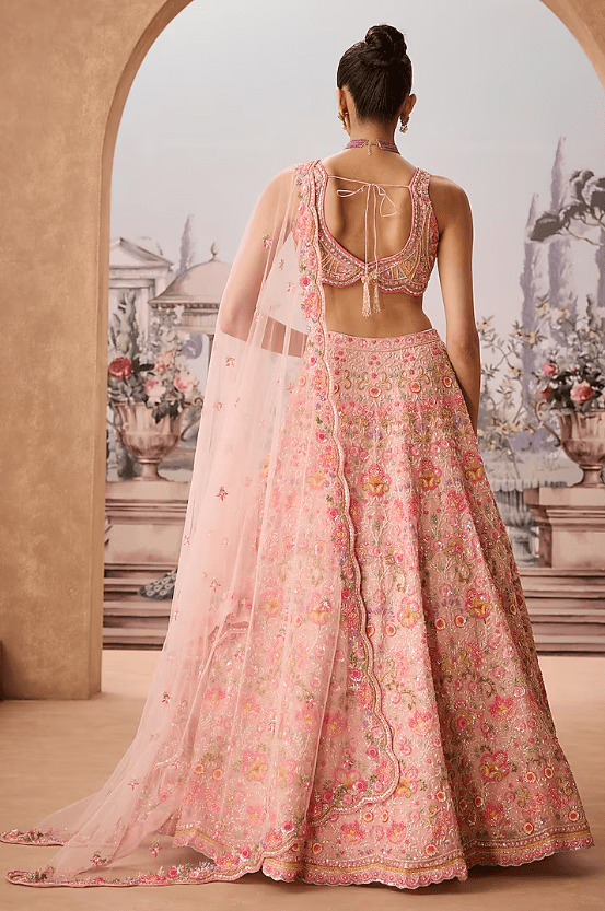 Pink Silk Organza Sequins Hand Embroidered Lehenga Set - Image 2