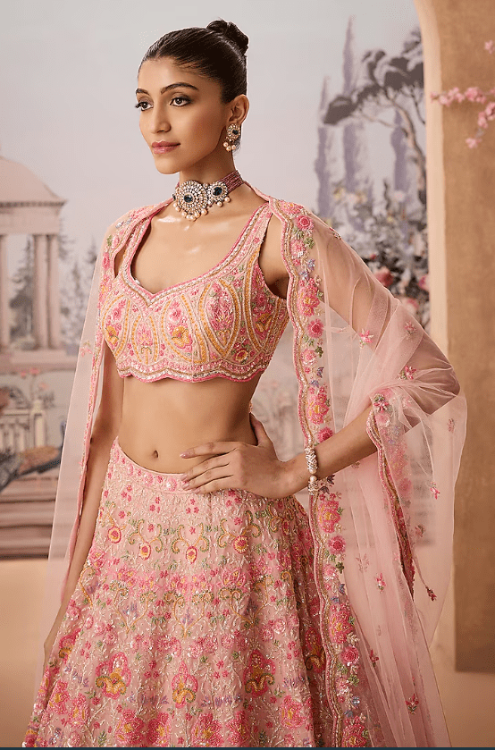 Pink Silk Organza Sequins Hand Embroidered Lehenga Set - Image 3