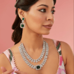 White Rhodium Finish American Diamond & Green Zircon Necklace Set