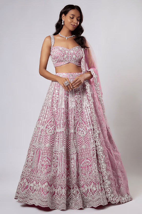 Pink Organza Pearl Embroidered Lehenga Set