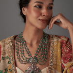 Black Rhodium Plated Moissanite Polki & Green Beryl Long Necklace In Sterling Silver