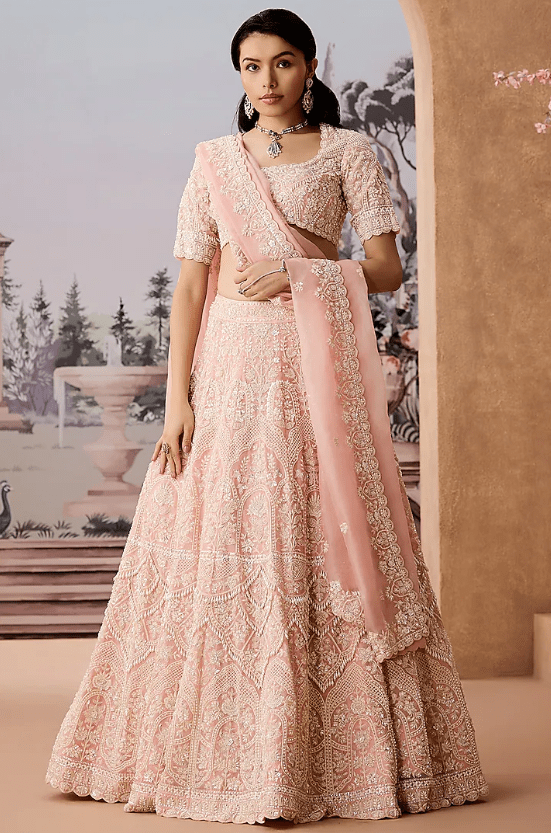 Peach Silk Organza Pearl Hand Embroidered Lehenga Set