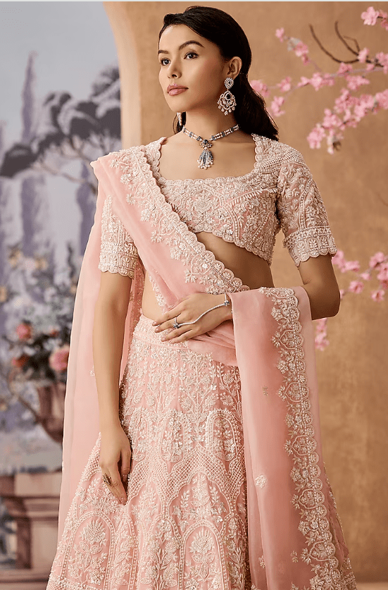 Peach Silk Organza Pearl Hand Embroidered Lehenga Set - Image 3