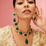 Yellow Gold Finish Moissanite Polki & Emerald Necklace Set In Sterling Silver