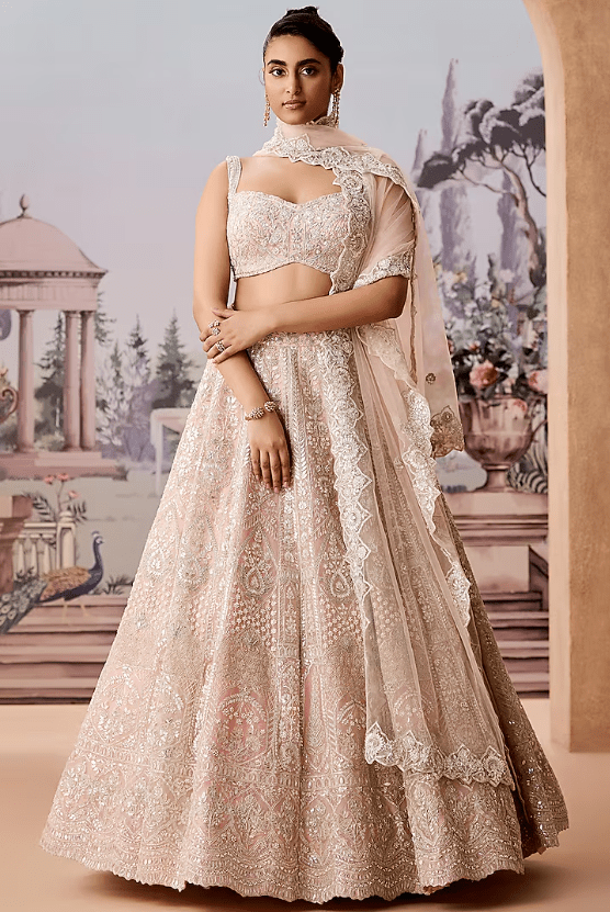 Pink Silk Organza Sequins & Pearl Embroidered Lehenga Set