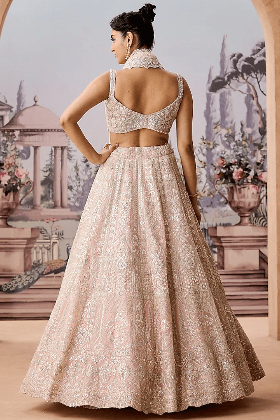 Pink Silk Organza Sequins & Pearl Embroidered Lehenga Set - Image 2