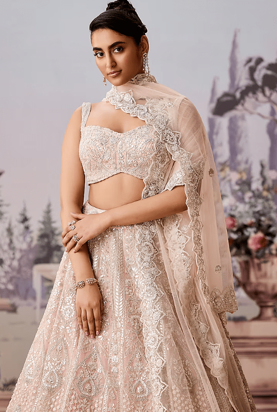 Pink Silk Organza Sequins & Pearl Embroidered Lehenga Set - Image 3