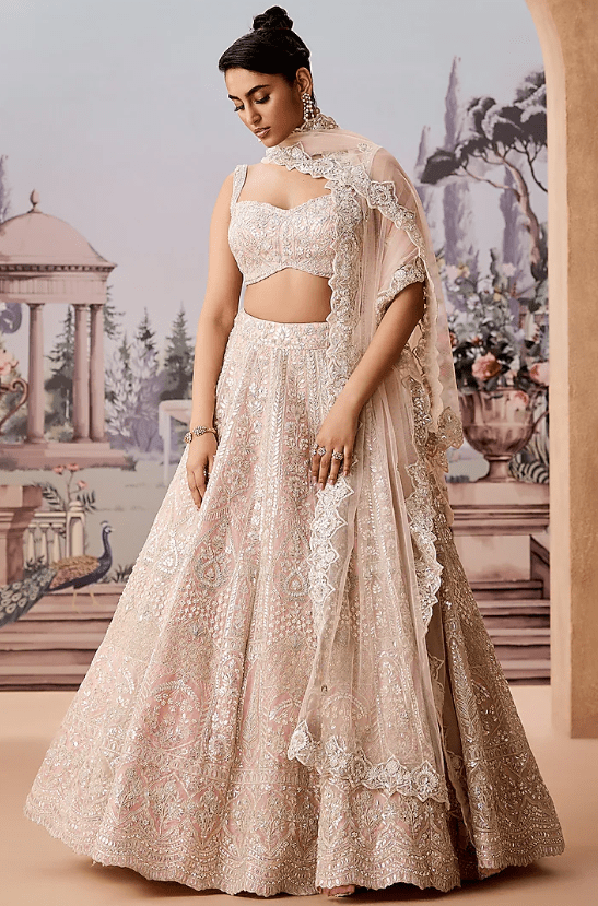 Pink Silk Organza Sequins & Pearl Embroidered Lehenga Set - Image 4