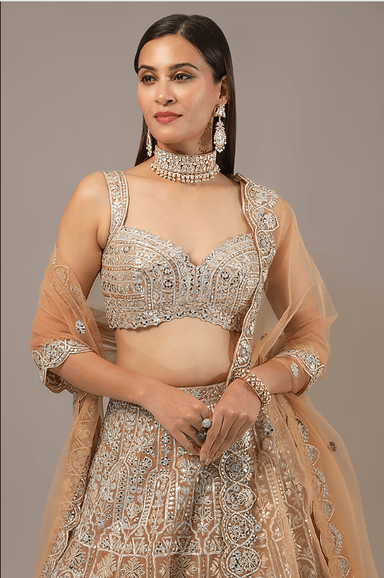 Gold Organza Mirror & Zari Embroidered Lehenga Set - Image 4