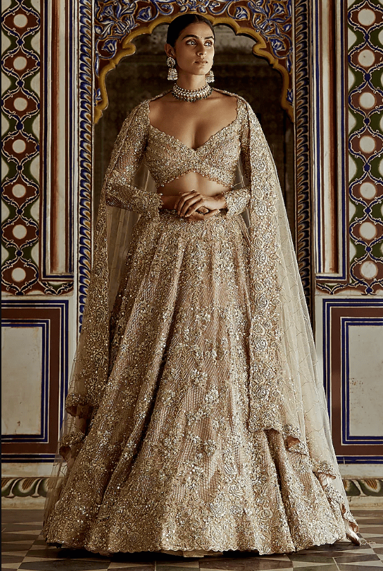 Champagne Gold Net Sequins & Dabka Embroidered Lehenga Set