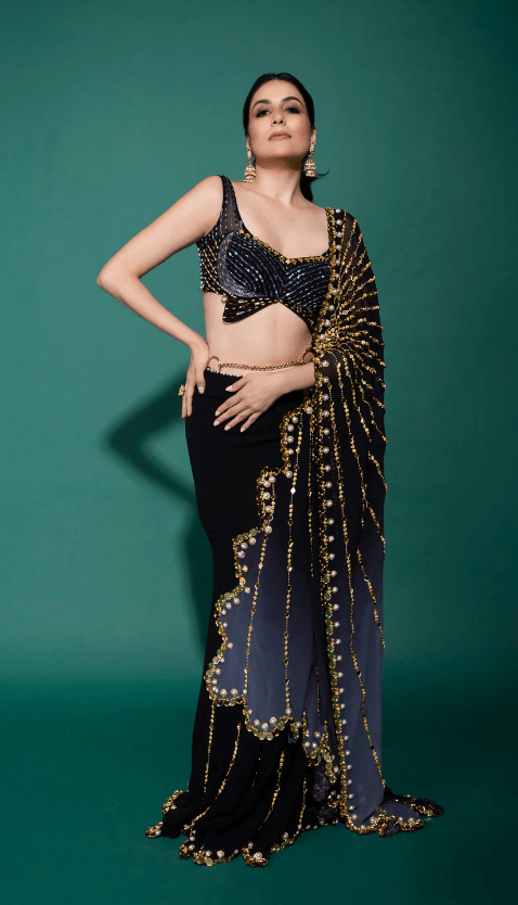 Black Georgette Embellished Pre-Draped Saree Set
