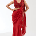 Red Chiffon Hand Embroidered Pre-Stitched Saree Set