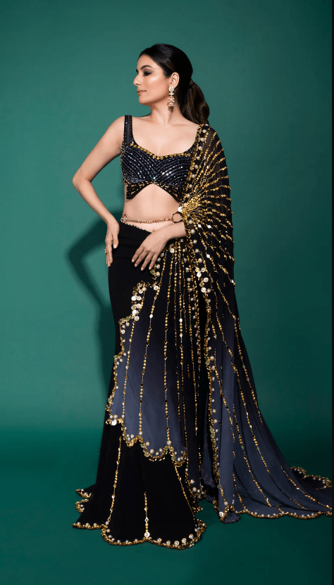Black Georgette Embellished Pre-Draped Saree Set - Image 2