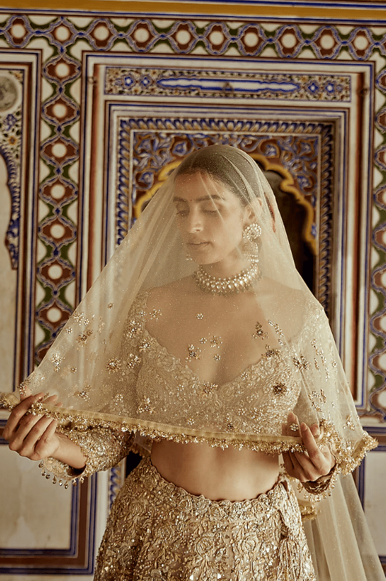 Champagne Gold Net Sequins & Dabka Embroidered Lehenga Set - Image 3