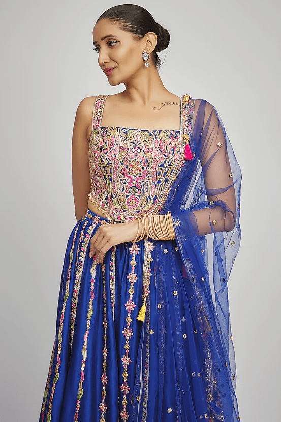 Royal Blue Chanderi Gota & Resham Embroidered Pleated Lehenga Set - Image 4