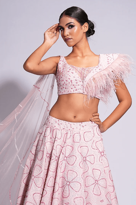 Powder Pink Silk Thread Embroidered Lehenga Set - Image 4