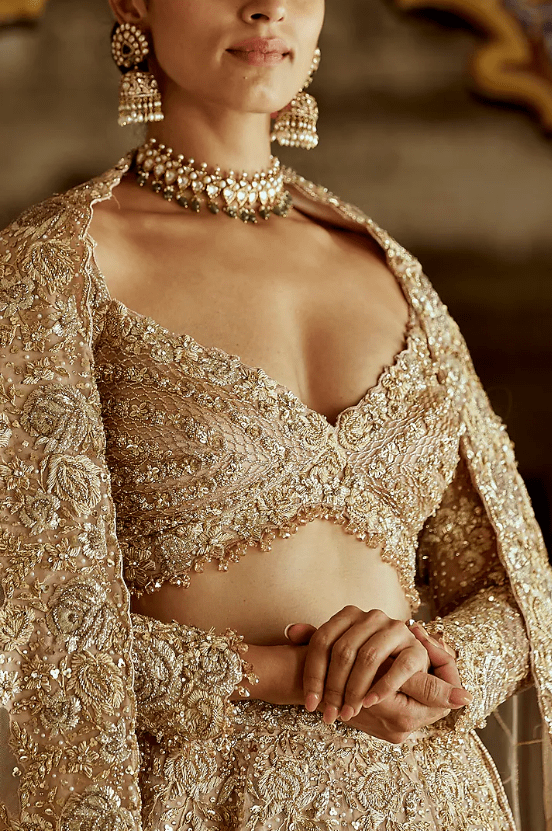 Champagne Gold Net Sequins & Dabka Embroidered Lehenga Set - Image 4