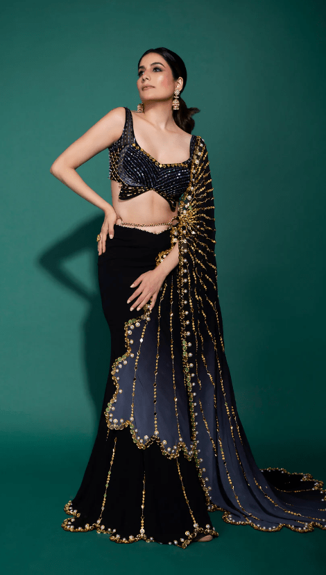 Black Georgette Embellished Pre-Draped Saree Set - Image 4
