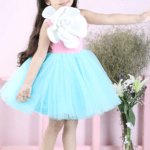 Pink & Blue Neoprene Embroidered Off-Shoulder Dress For Girls