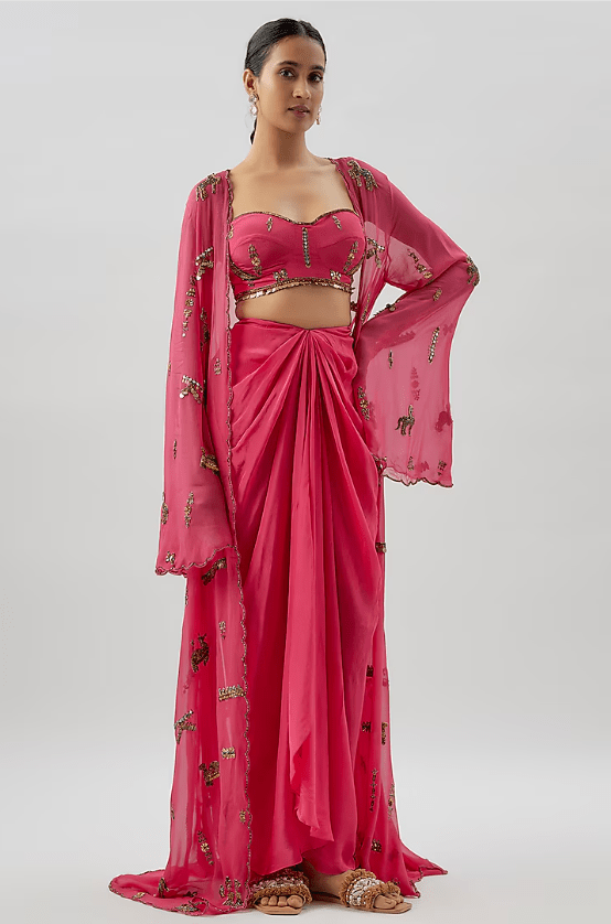 Pink Georgette Embellished Cape Set