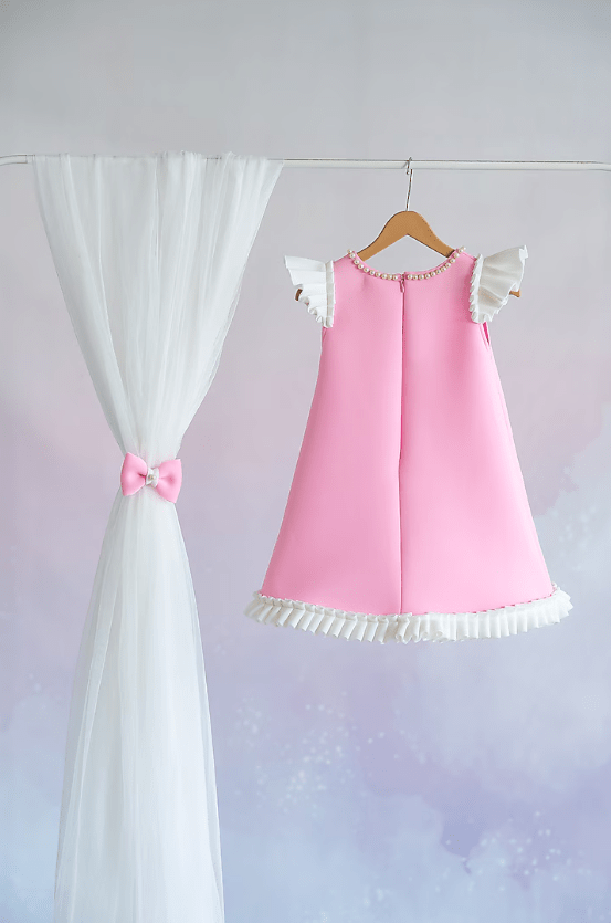Pink Scuba Motif Hand Embroidered A-Line Dress For Girls - Image 2