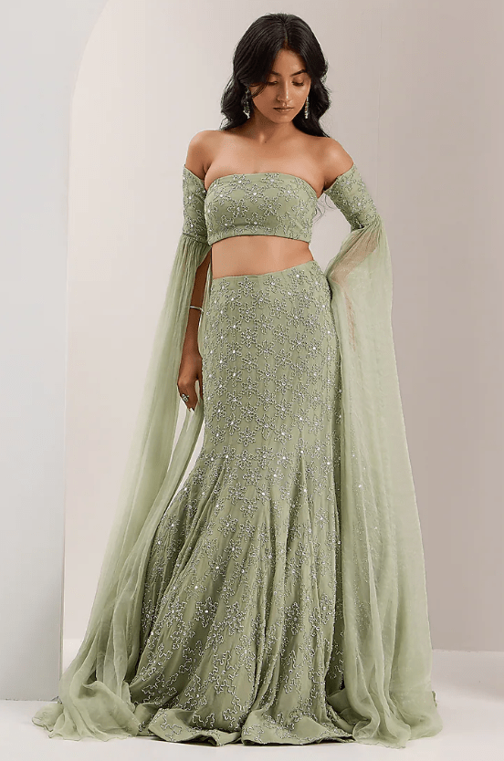 Mint Green Shimmer Chiffon Crystal Embroidered Mermaid Lehenga Set