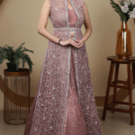 Pink Organza Pearl Hand Embroidered Jacket Set