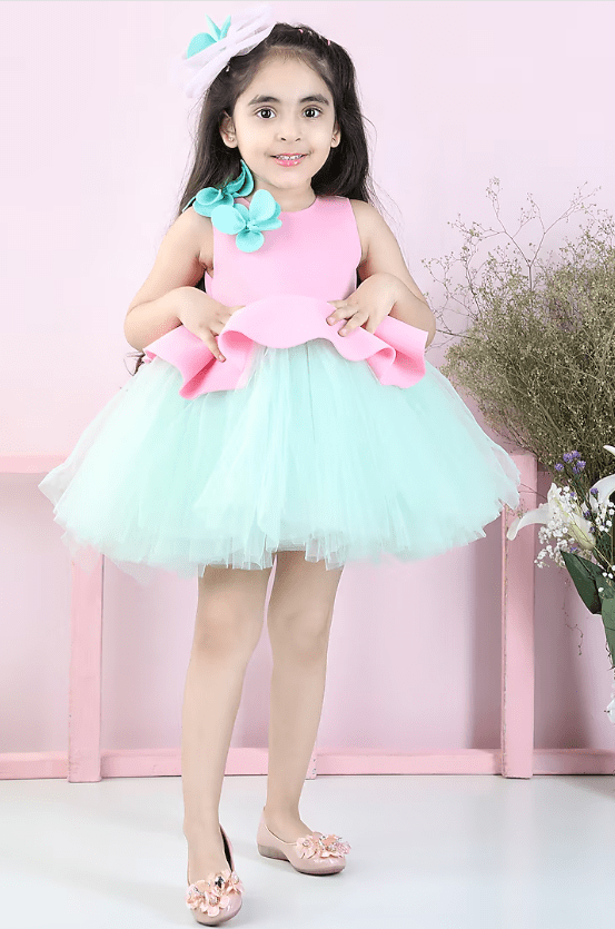 Pink & Sea Green Neoprene Embroidered Flared Dress For Girls