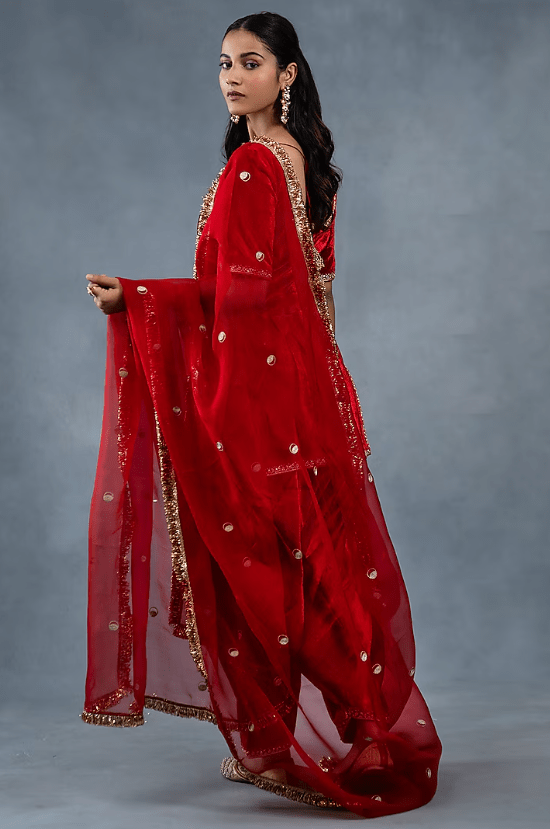 Red Silk Velvet Hand & Machine Embroidered Kurta Set - Image 2