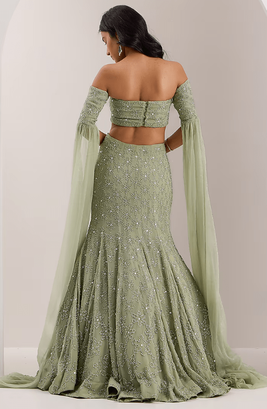Mint Green Shimmer Chiffon Crystal Embroidered Mermaid Lehenga Set - Image 2