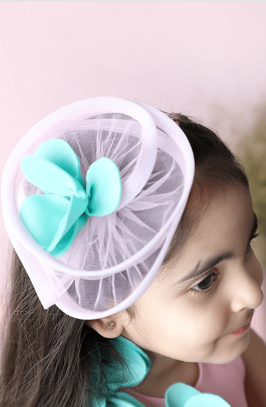 Pink & Sea Green Neoprene Embroidered Flared Dress For Girls - Image 3
